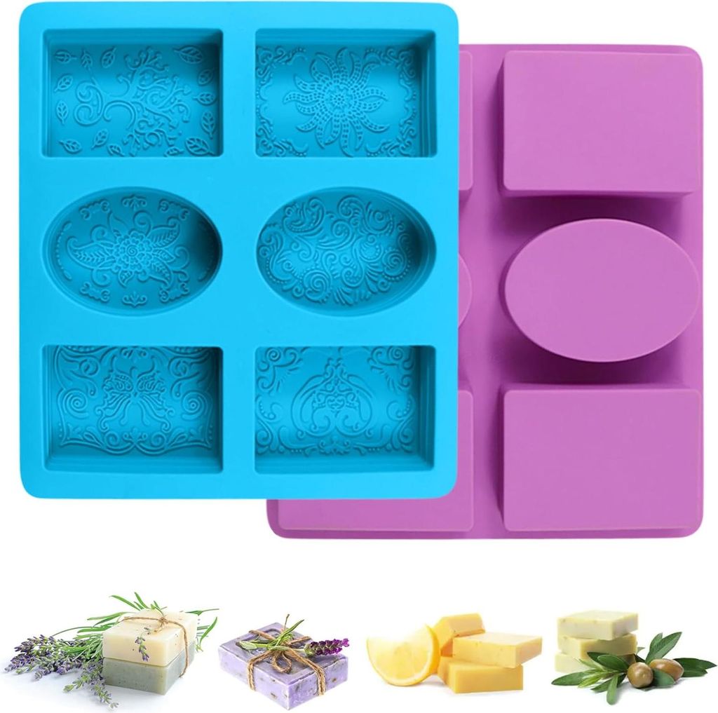 Silicone Seifenformen mit Muster - Set von 2 - Set von 6 hohlen Formen - Oval und rechteckig - Für handgemachte Seife und Kerzen - DIY