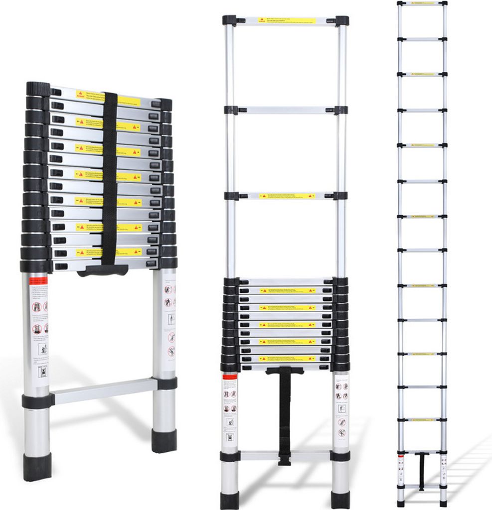Hengda Teleskopleiter Alu Leichtgewicht Rutschfester Anlegeleiter 3,2m Silber Multifunktionsleiter Mehrzweckleiter Ausziehbare Leiter 15 Stufe Steh...