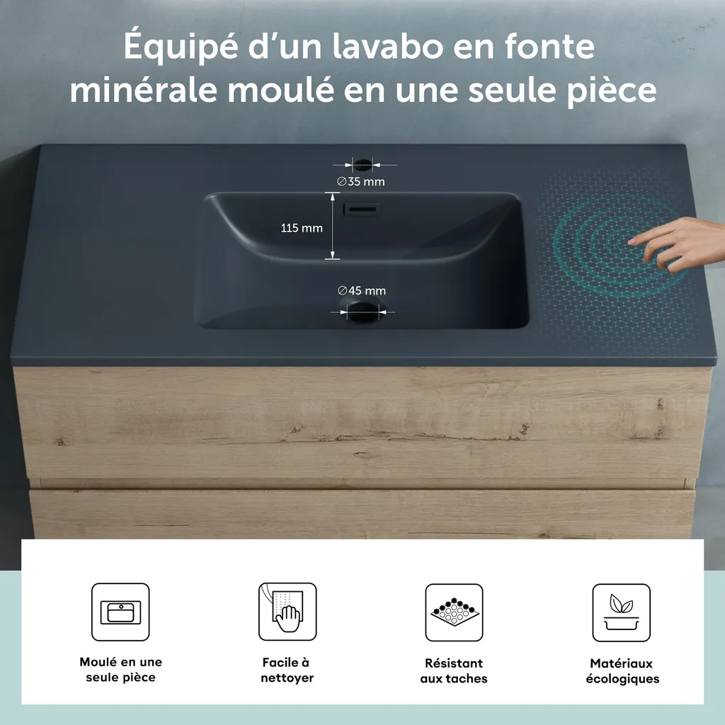 Meuble Vasque 100cm Solid Surface Gris Noir et Finition Chêne Clair
