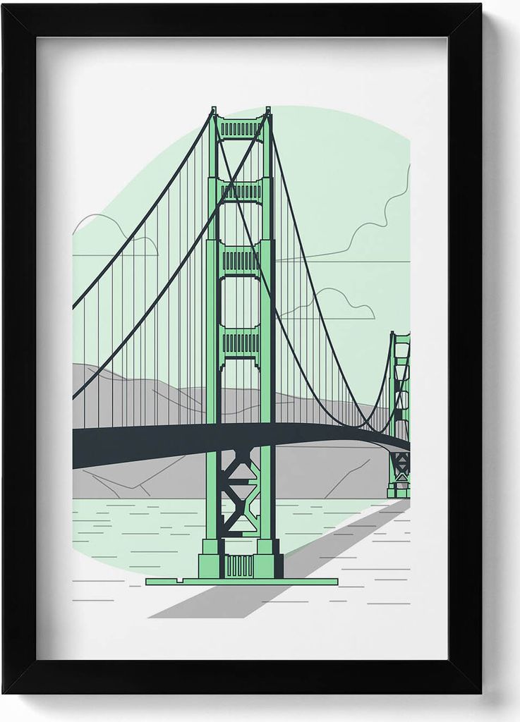 Zeichnung der Golden Gate Bridge– Wandbild mit Rahmen – Gerahmtes Bild – Wanddekoration – 20x30 cm – Schwarz