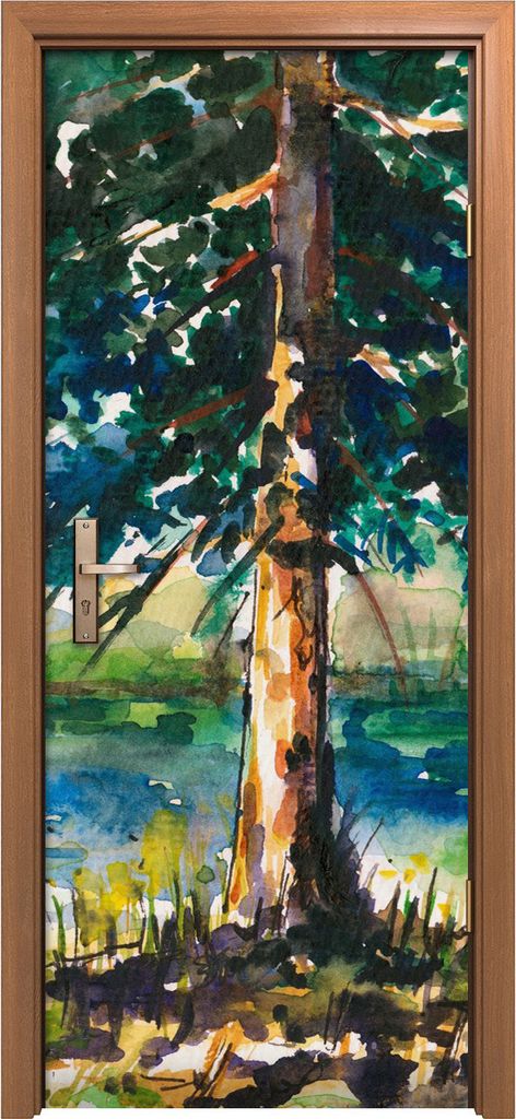 Türposter 80x200 cm Türaufkleber Türtapete Türfolie Klebefolie Landschafts Dorf Baum Wasser