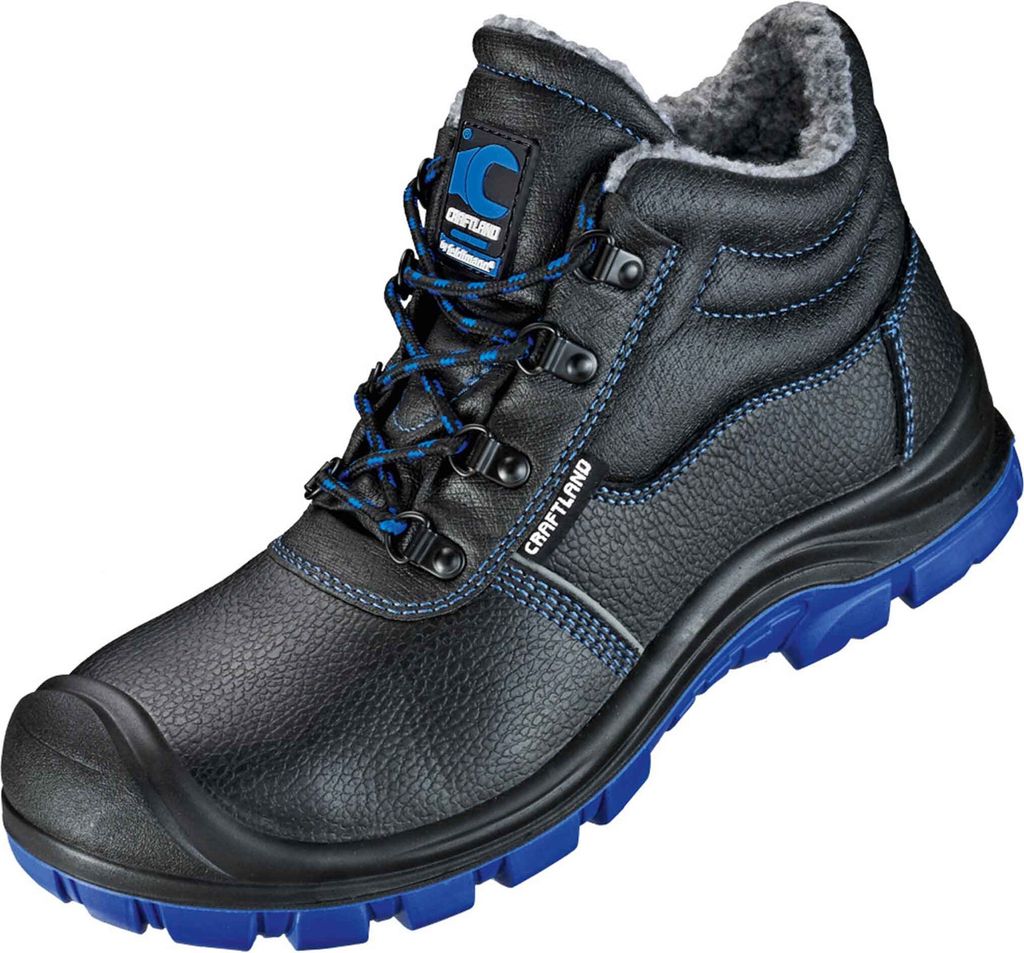 A black winter work boot with blue accents and sole, shown against a white background.