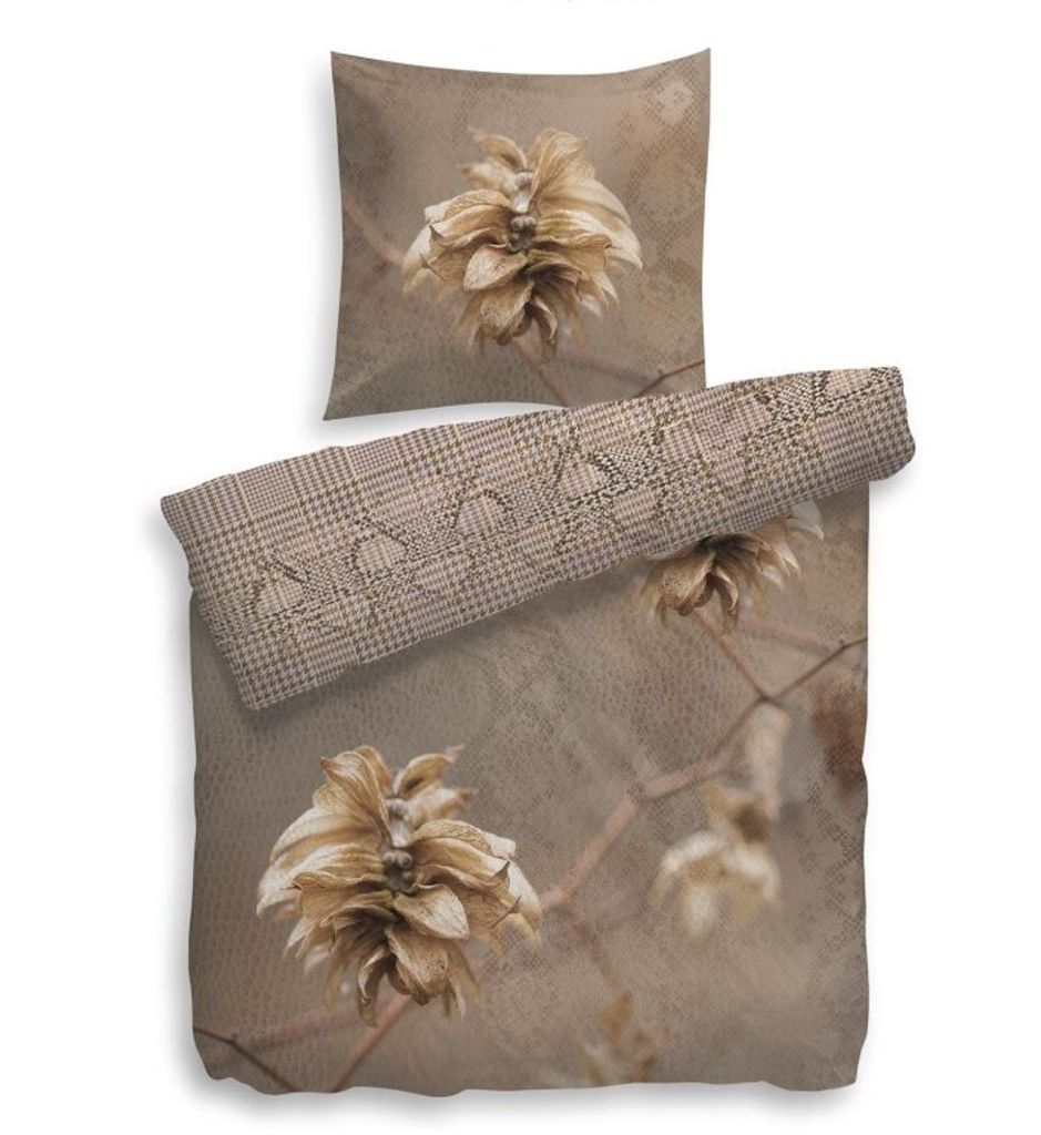 Heckett & Lane Baumwolle Bettwäsche 155x220 Driden taupe Karo Pepita Goldblume