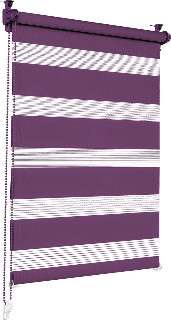 A purple and white striped roller blind is shown hanging against a white background.