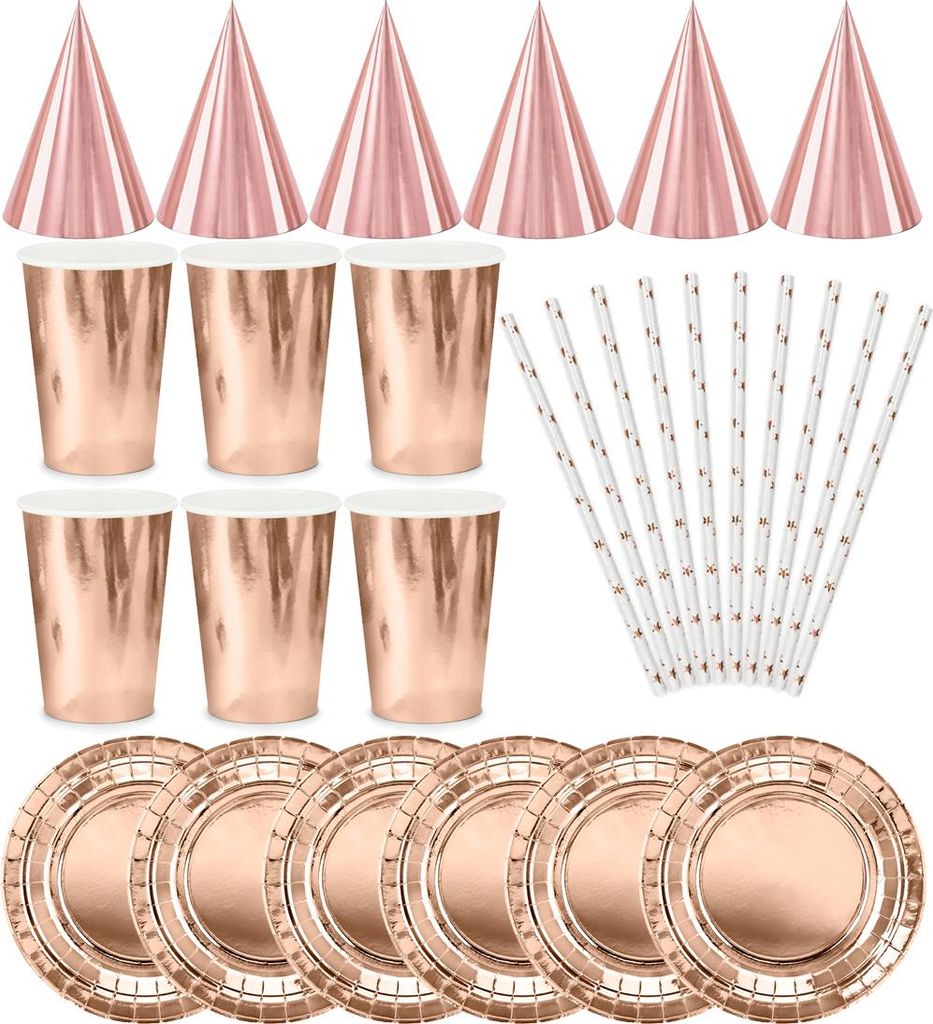 Set: Becher, Teller, Strohhalme, Roségold