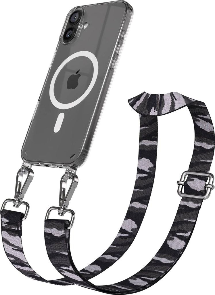 EAZY CASE - Handykette mit MagSafe Hülle für Apple iPhone 16 Plus, Handyband Camouflage Style, Karabiner Silber, Umhängeband in Grau