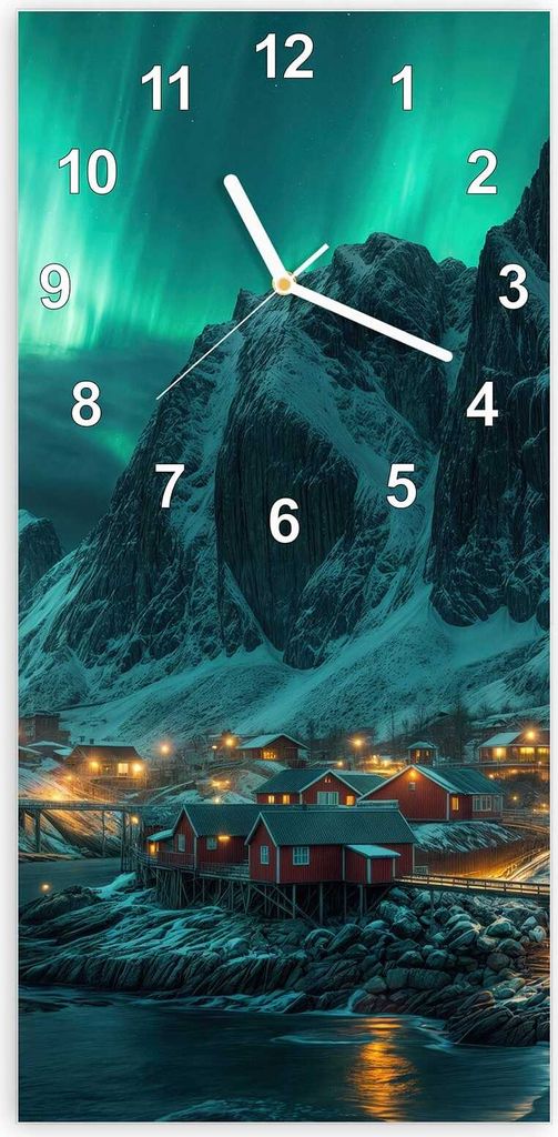 Wanduhr aus Glas mit Motiv Nordlichter über Fjord- 30 x 60 cm - inkl. Aufhängesystem