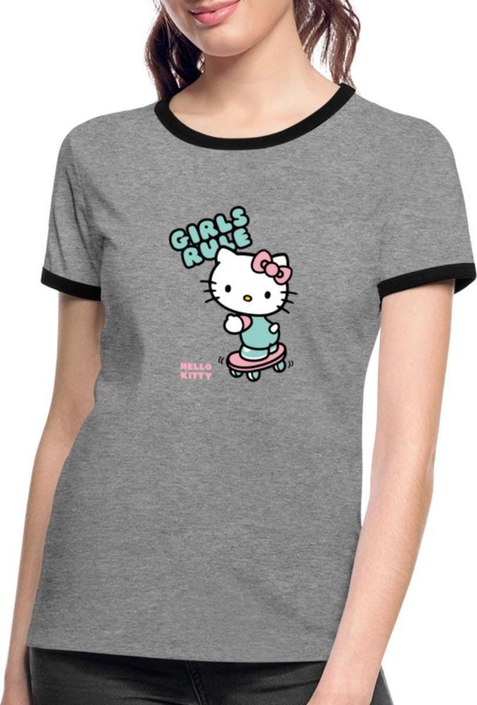 Spreadshirt Hello Kitty Auf Skateboard Girls Rule Frauen Kontrast T-Shirt, XL, Grau meliert/Schwarz