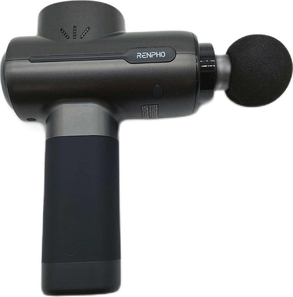 A dark gray and black massage gun is shown against a white background.