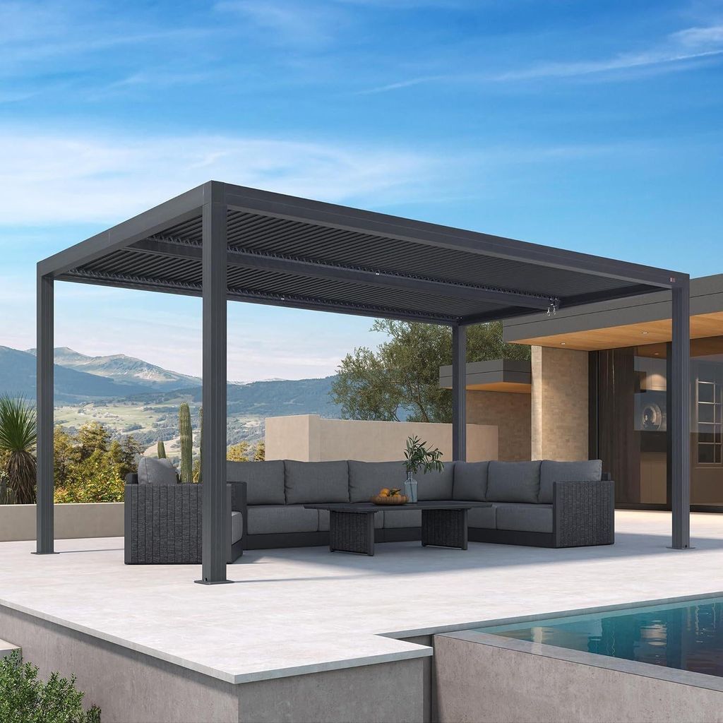 PURPLE LEAF Pergola 3x4,8m Wasserdicht Winterfest, Aluminium Pavillon mit Verstellbarem Lamellendach, Grau