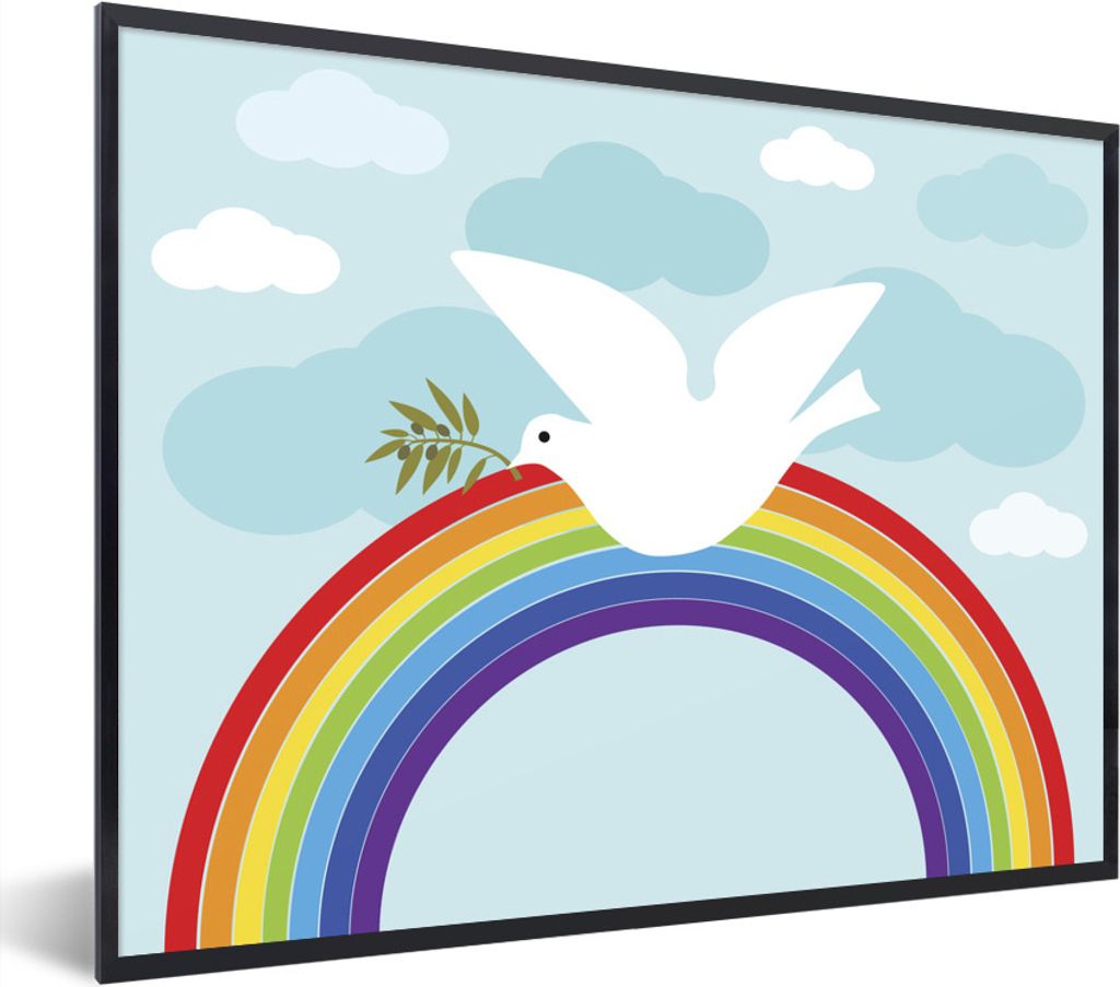 MuchoWow Gerahmtes Poster Eine Illustration einer weißen Taube über dem Regenbogen 80x60 cm - Poster mit Schwarzem Bilderrahmen Wandposter Rahm...