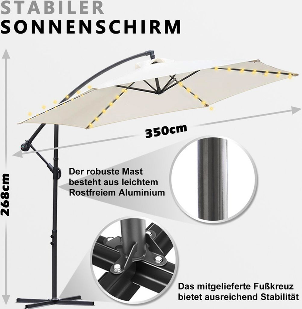 Yakimz 3.5m Sonnenschirm UV40+ Camping Pendelschirm Pavillon LED Solar Gartenschirm mit LED -Beige