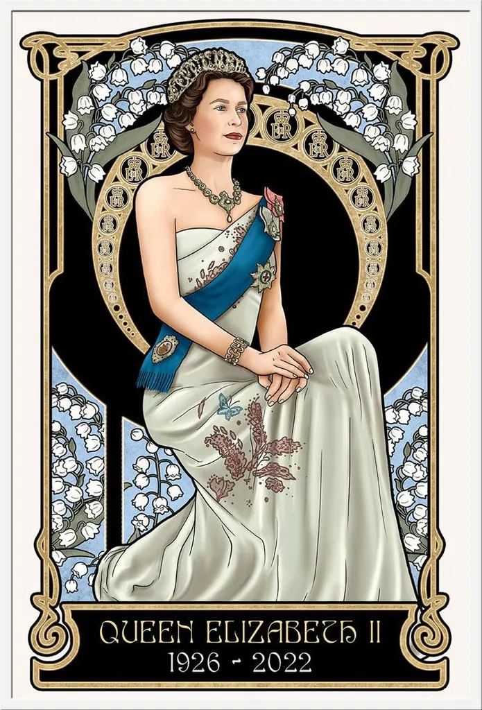 Tableau Reine Élisabeth II Art Nouveau avec Cadre Blanc Vitre Acrylique