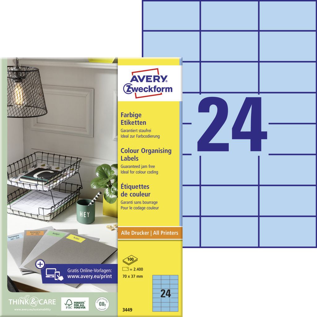 Avery Zweckform 3449 Farbige Etiketten, A4, 70 x 37 mm, 100 Bogen/2.400 Etiketten, blau