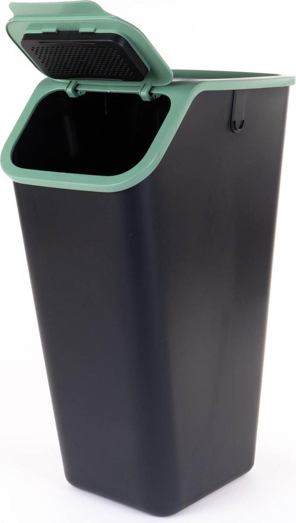 A black trash can with a green lid is shown against a white background.