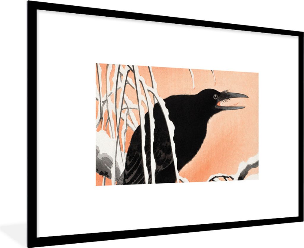 MuchoWow Gerahmtes Poster Vintage - Krähe - Vögel - Skandinavisch - Japanisch 90x60 cm - Poster mit Schwarzem Bilderrahmen Wandposter Rahmen Fo...