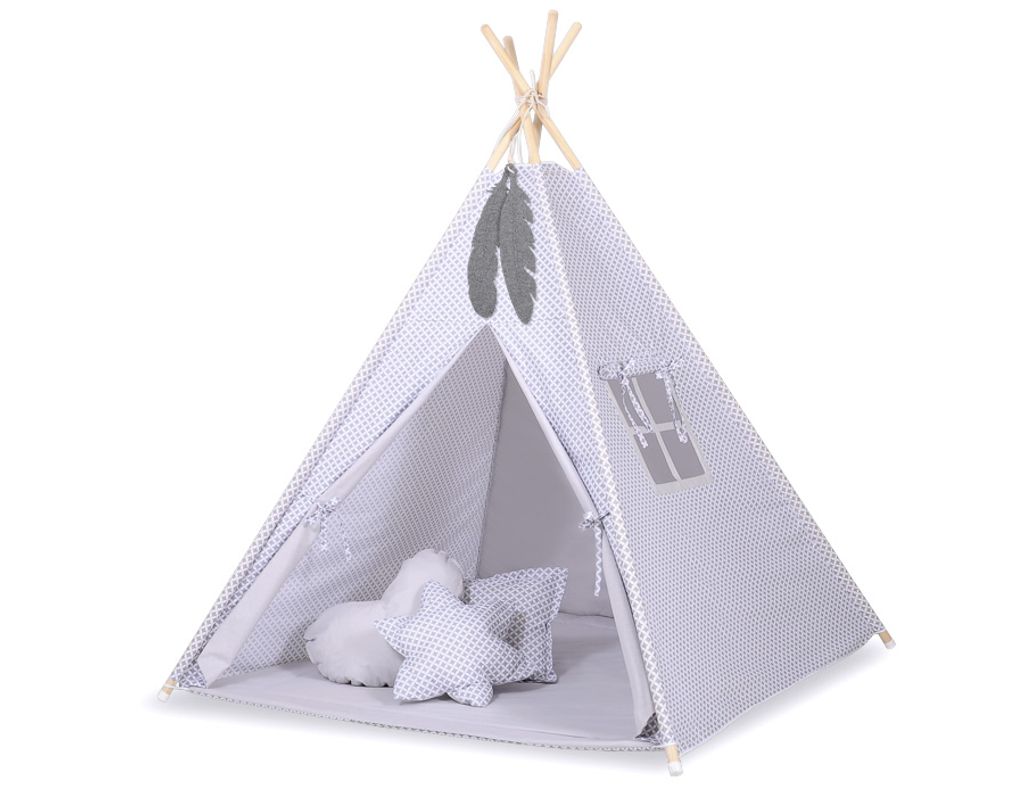 Tipi Zelt für Kinder Grau mit Teppich und Federn 150 cm