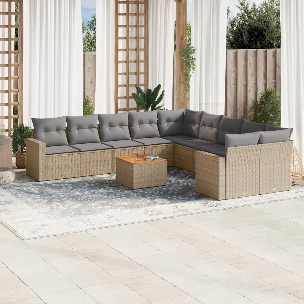 11-tlg. Garten-Sofagarnitur mit Kissen Beige Poly Rattan 3256647