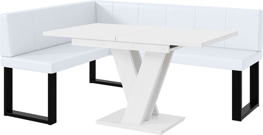 MEBLINI Eckbank für Esszimmer mit ausziehbarem Tisch - Küchenbank - Essecke - Sitzecke Küche - PETER - U-Beine 128x168x87cm Links - Weiß Kunstl...