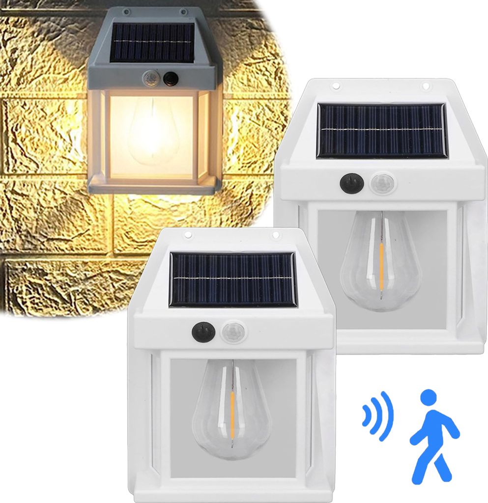 2 Stück Solar Wandleuchte Außen Bewegungsmelder IP65 LED-Birne,Solarlampe Gartenleuchte 3 Modi Wasserdicht Warmweiß Balkon Hof Tor Pavillon, Weiß