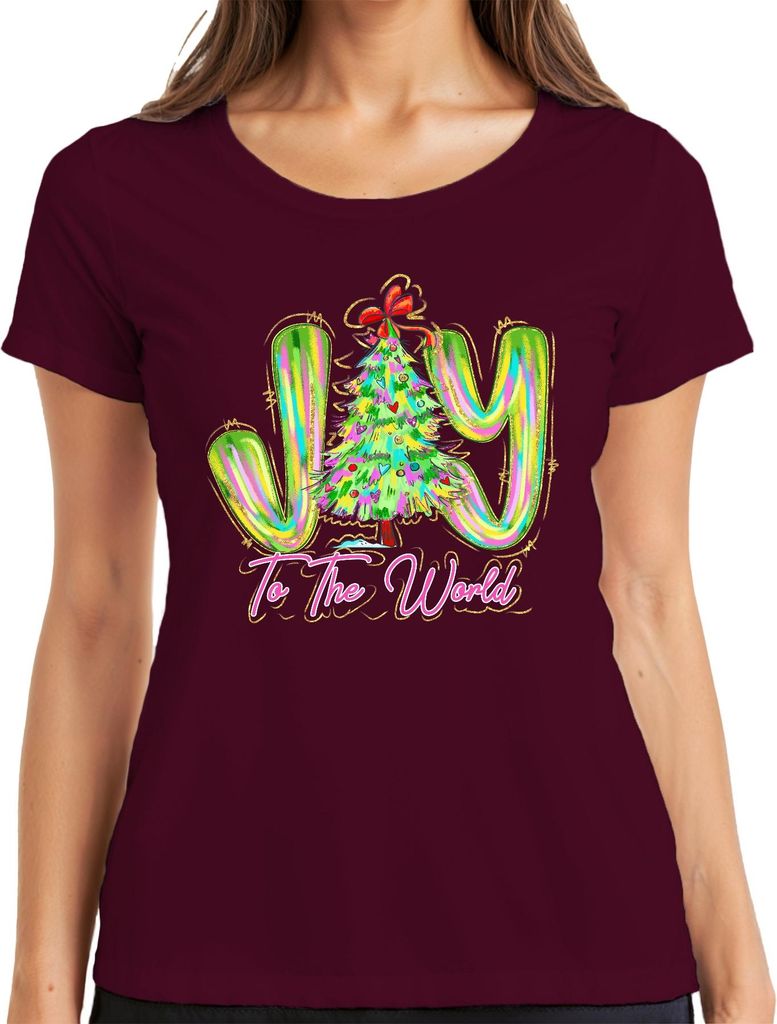 Joy To The World Christmas Tree Neon Glitter Festive Gift Holiday Damen T-Shirt, Burgundy, S