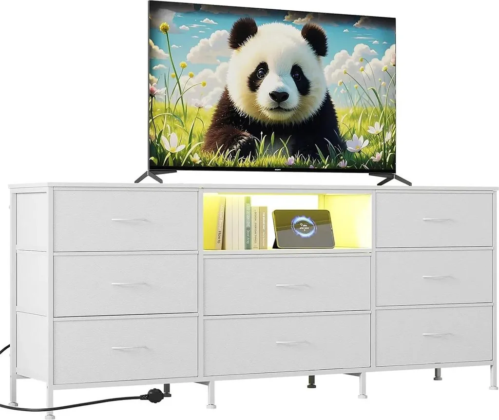 Meuble TV moderne blanc en métal et bois avec tiroirs textiles amovibles