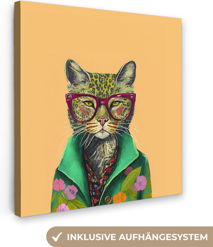 MuchoWow - Leinwandbilder - Tiere - Katze - Brille - Blumen - Hippie, Wandbild, Wanddeko Bilder Wohnzimmer, 20x20 cm