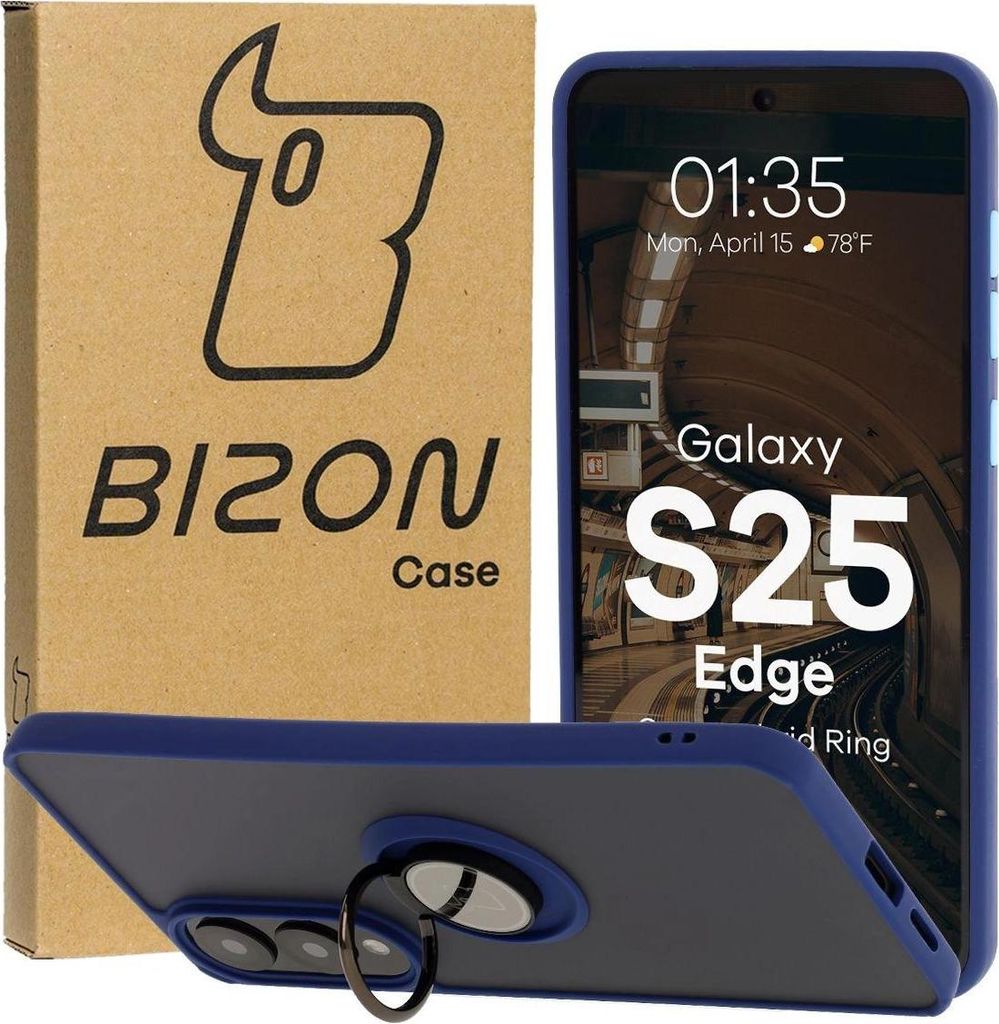 Bizon Case Hybrid Ring Fingerringhülle für Galaxy S25 Edge, Rauch mit marineblauem Rahmen