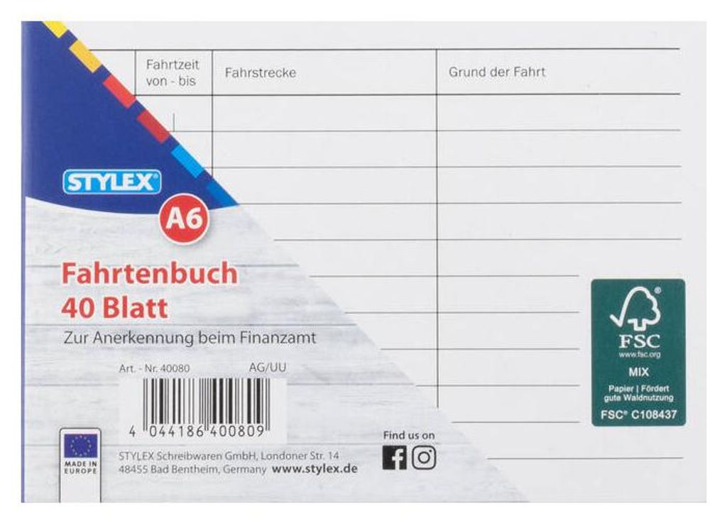 Fahrtenbuch DIN A6 Stylex Fahrtenbücher 40 Blatt Produktbild 
