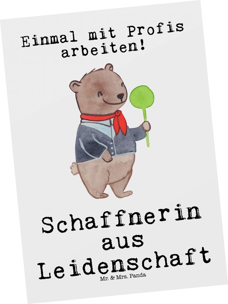 Mr. & Mrs. Panda Postkarte Schaffnerin Leidenschaft - Weiß - Geschenk, Ansichtskarte, Grußkarte, Ansichtskarten, Postkarten, Kunstkarten