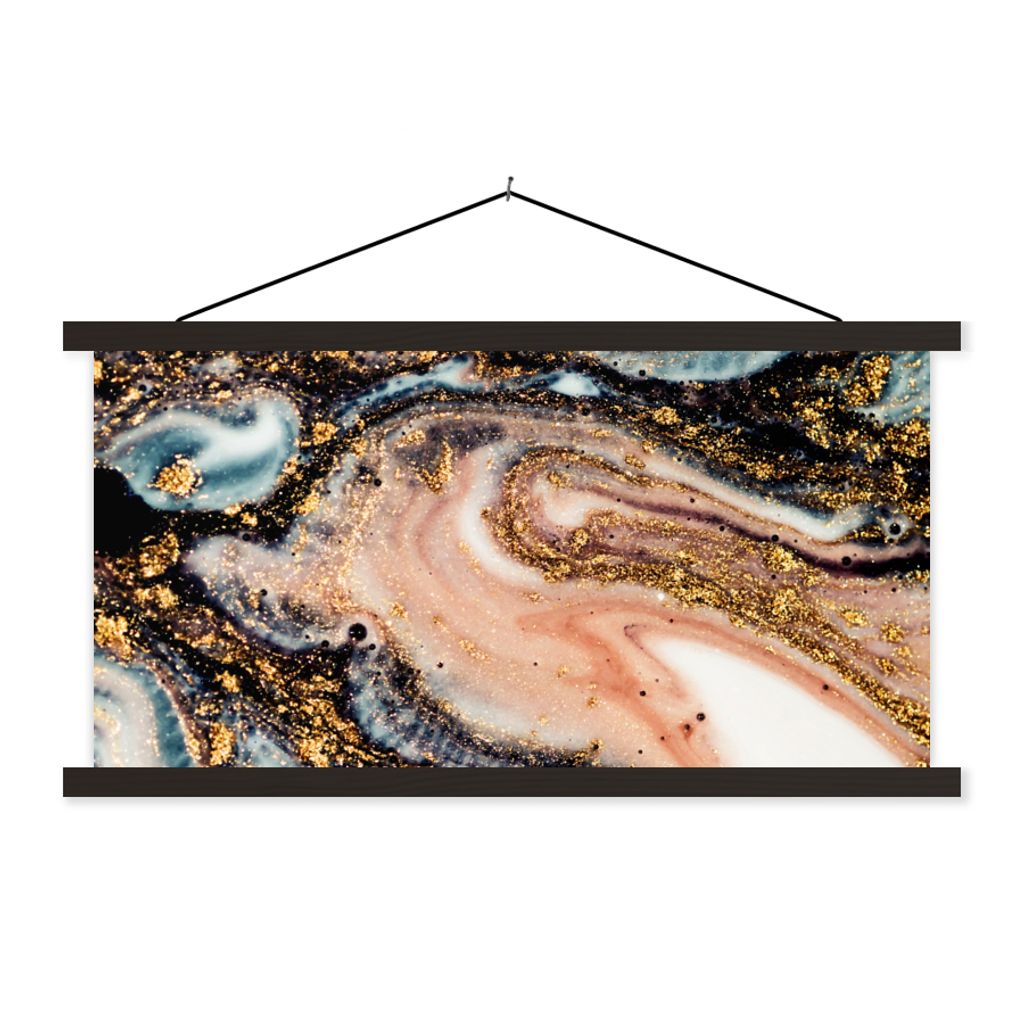 MuchoWow Textilposter Marmoroptik - Gold - Schwarz - Glitzer - Chic 150x75 cm mit schwarzem Rahmen - Posterleiste