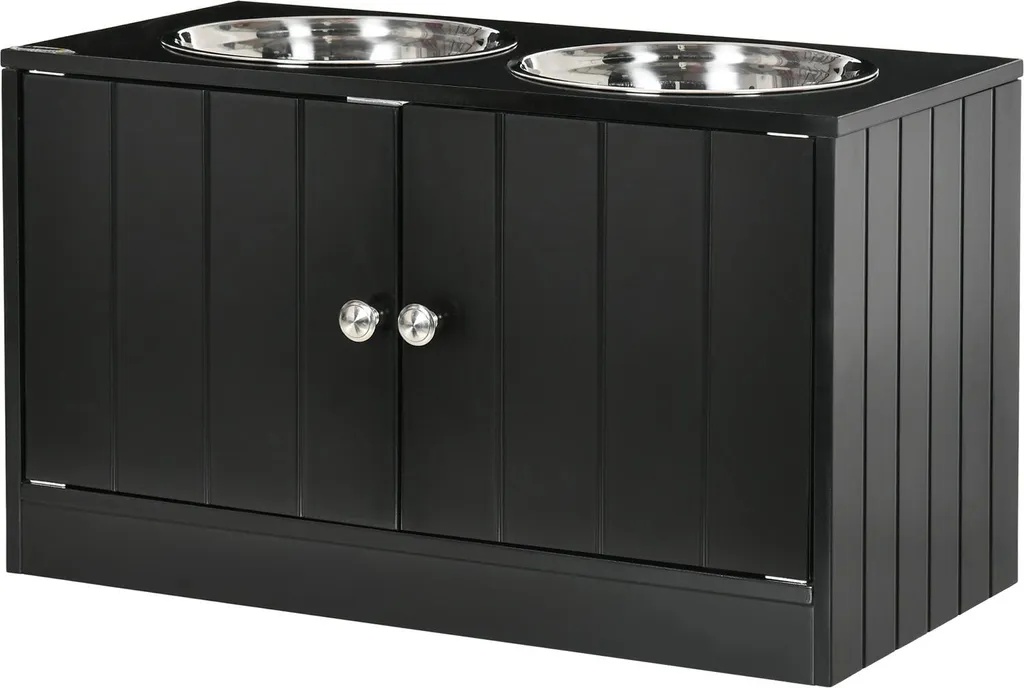 Meuble gamelle surélevé pour chien avec placard intégré 44L inox noir