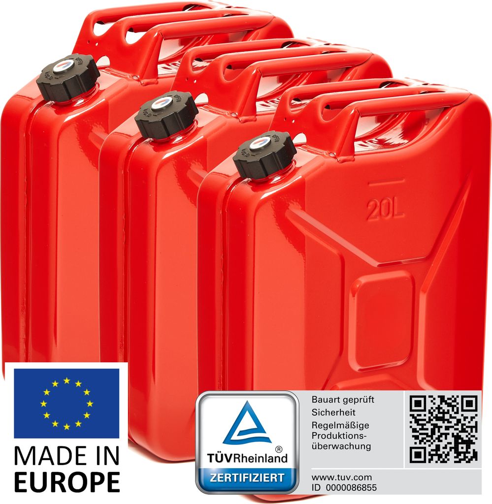 BW Kraftstoffkanister Metall Benzinkanister 3x 20 Liter mit Schraubverschluss - Rot RAL 3000 - UN-Zulassung - Hergestellt in Europa