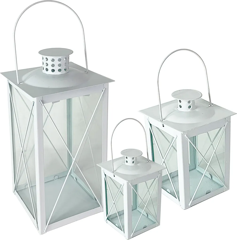 Lanterne Decorative Moderne Set 3 Pezzi Metallo Bianco con Manico