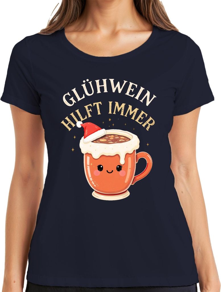 Glühwein hilft immer Becher Weihnachten Kawaii Geschenk lustig Damen T-Shirt, Navy, 3XL