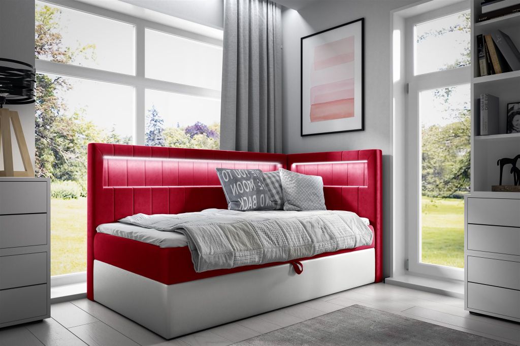 Boxspringbett Gästebett Kinderbett FABIAN Nr.3 90x200cm Weiss-Rot Seite Rechts