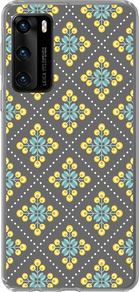 MuchoWow Handyhülle Schutzhülle Hülle für Telefoonhoesje Huawei P40 Design - Kariert - Blumen - Grau Silikon Softcase Handy Hülle - Handytasche