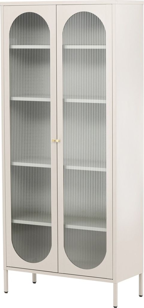 A tall, narrow cabinet with two glass doors and four shelves.