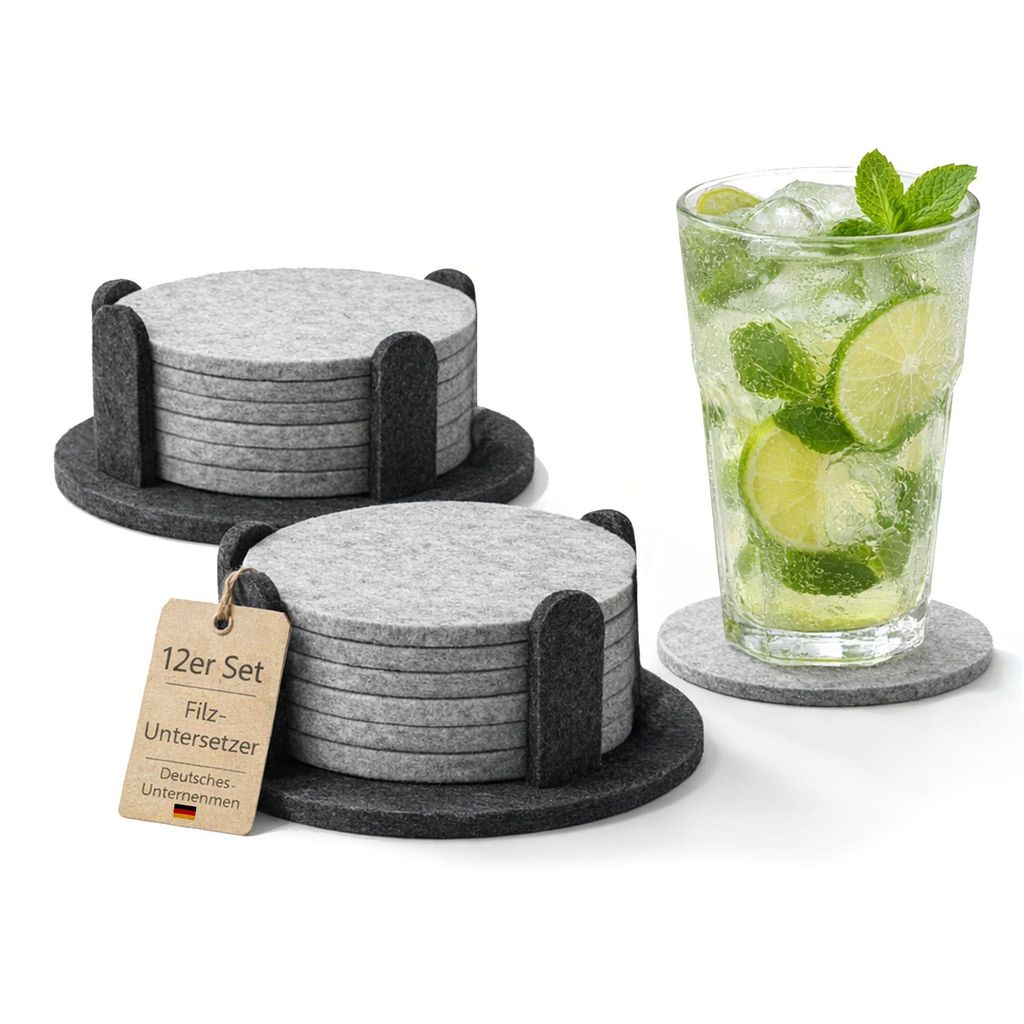 Filz-Untersetzer 12er Set (Ø 10 cm, 5 mm) – Runde Glasuntersetzer in Grau/Anthrazit mit Halter – Kratzschutz & Schutz vor Wasserflecken, platz...