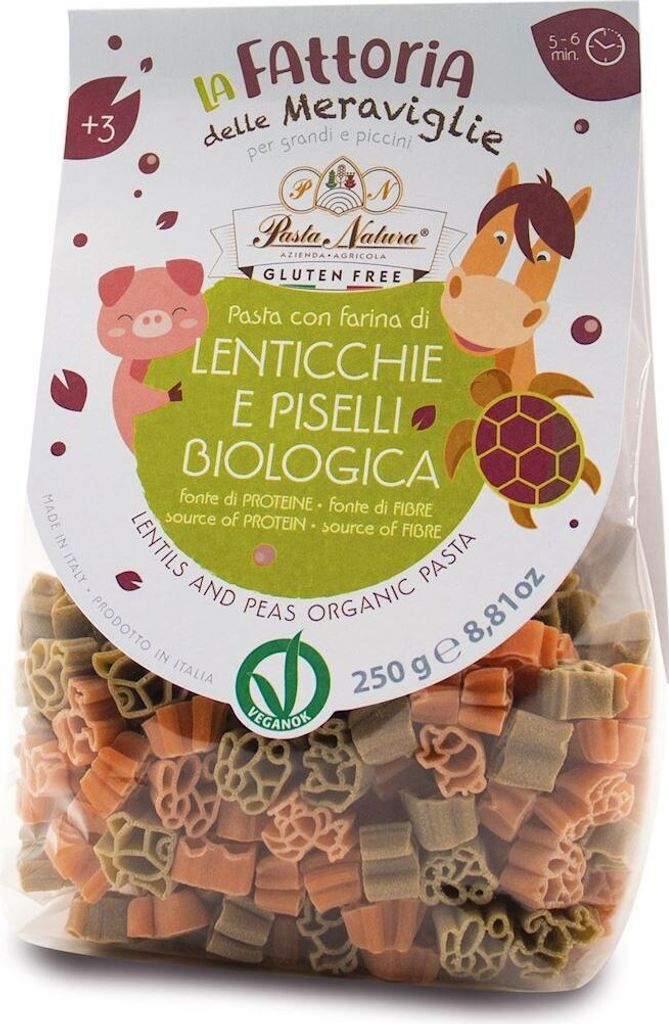 NUDELN (AUS LINSEN UND ERBSEN) FÜR KINDER – TIERE AUF DEM BAUERNHOF – GLUTENFREI – – 250 g – PASTA NATURA