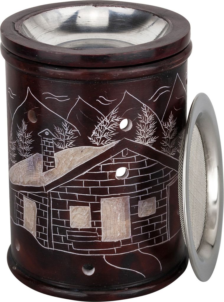 10x7,5cm Rauchgefäß weinrot Speckstein mit Sieb Metall Schale Weihrauch Stövchen