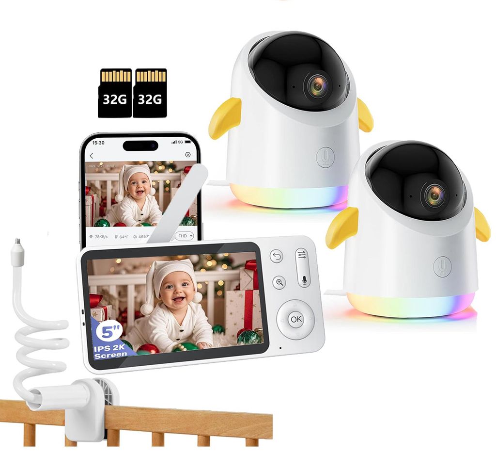Babyphone mit 2 Kameras und APP 2K/5,0 Zoll WLAN Babyfon mit Split-Screen PTZ 360° 4-facher Zoom IR/RGB-Nachtsicht mit Halterung & 2*32G