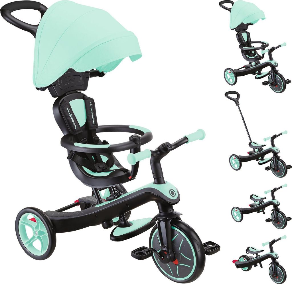 GLOBBER EXPLORER TRIKE 4in1 – Kinderwagen, Dreirad und Laufrad, 10/8,5 Zoll, TPR-Sitz, höhenverstellbar, mint