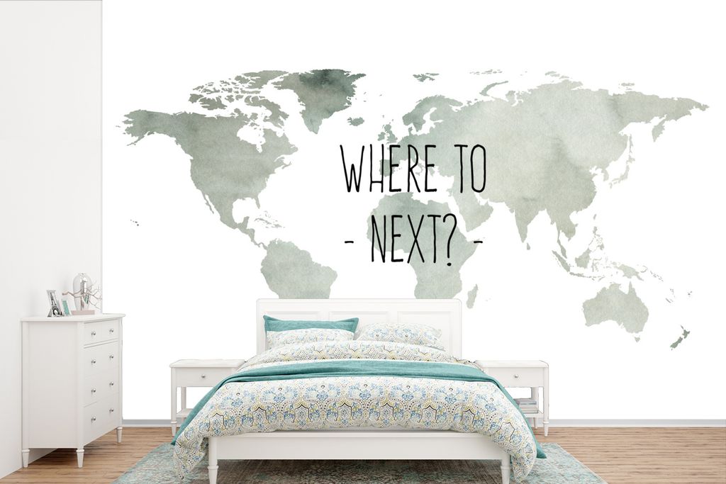 MuchoWow Fototapete für Wohnzimmer oder Schlafzimmer Wandtapete Vinyl Motivtapete Weltkarte - Zitat - Wohin als nächstes - 450x300 cm - Gemusterte