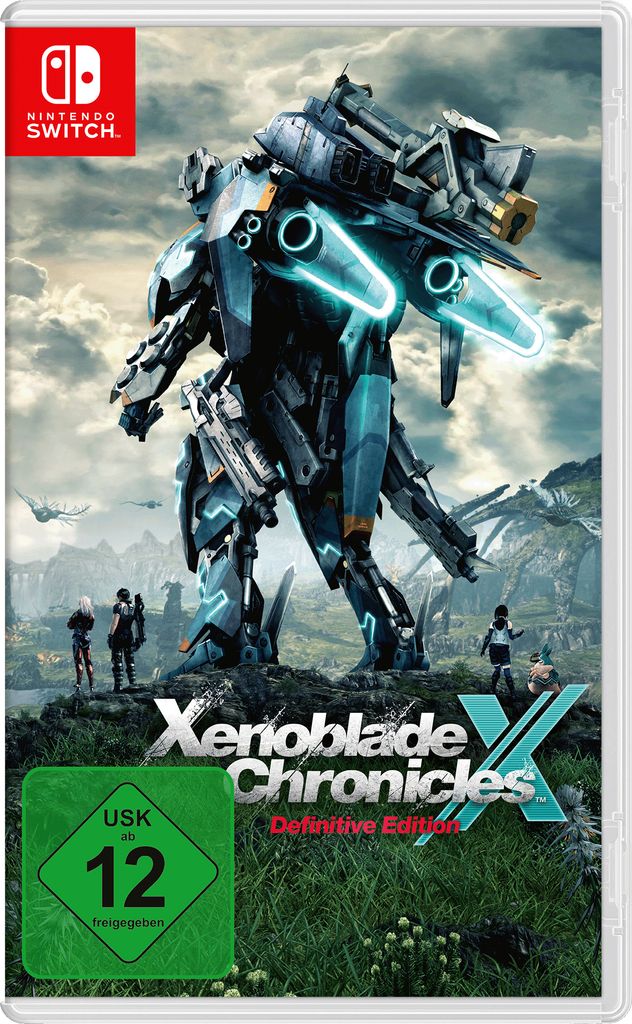 The image shows the game box for Xenoblade Chronicles X: Definitive Edition for Nintendo Switch, featuring a large mech and characters in a landscape.