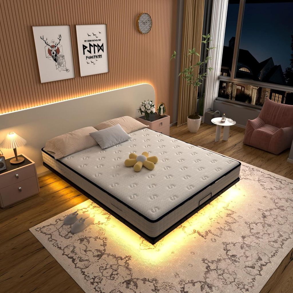 DEWINNER LED-Bett, 140 x 190 cm, Höhe des Metallrahmens 20 cm, Doppelbett mit LED-Beleuchtung, Hängerahmen, verdeckte Füße, schwarz, ohne Matratze