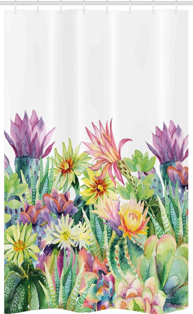 ABAKUHAUS Aquarell Schmaler Duschvorhang, Blumen und Sukkulenten, Badezimmer Deko Set aus Stoff mit Haken, 120 x 180 cm, Mehrfarbig