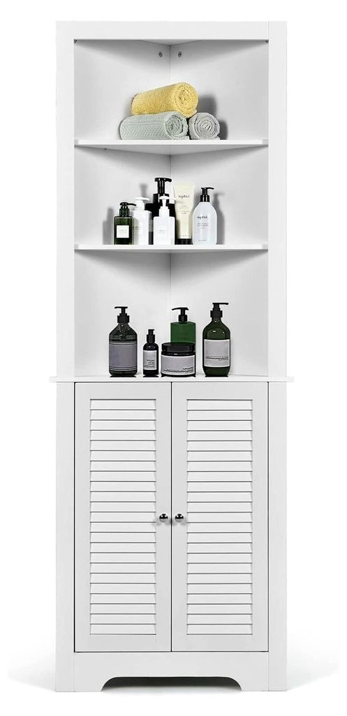 Eckschrank, Hoher Badezimmerschrank mit 3 offenen Regalen und Türen, Aufbewahrungsschrank für Badezimmer, Schlafzimmer und Wohnzimmer, Weiß