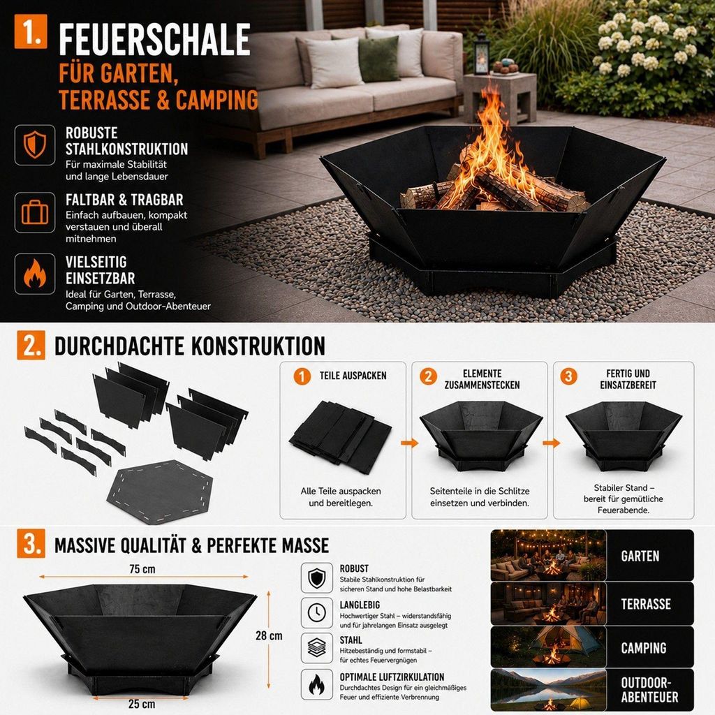 QLS Feuerschale 75x75 cm XXL - Feuerstelle Stahl faltbar Produktbild 