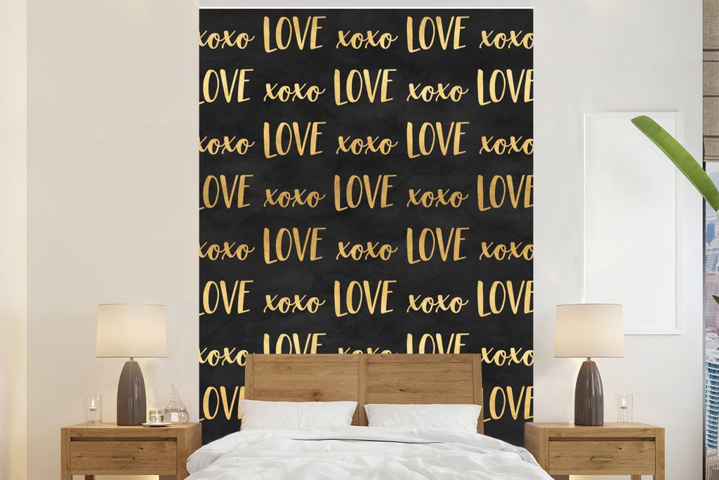 MuchoWow Fototapete für Wohnzimmer oder Schlafzimmer Wandtapete Vinyl Motivtapete Muster - Liebe - Gold - Schwarz - 170x260 cm - Wohnzimmertapete
